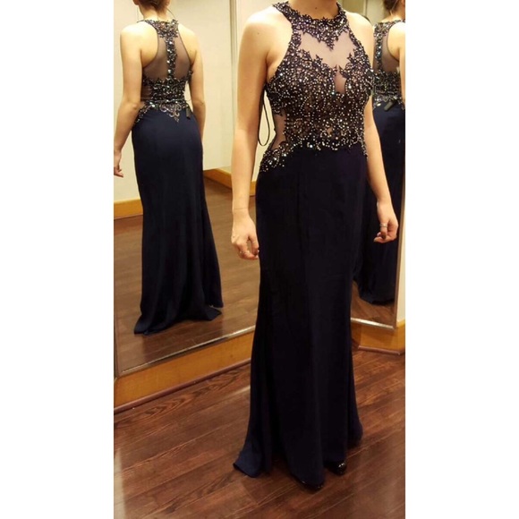 Navy Blue Embellished Prom Dress - Picture 1 of 4