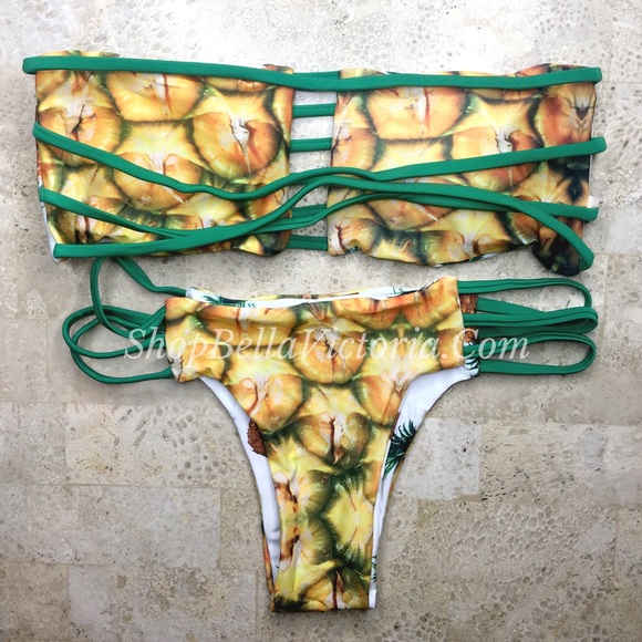 Floral & Pineapple Print V-Neck Reversible High-Waist Bikini Set