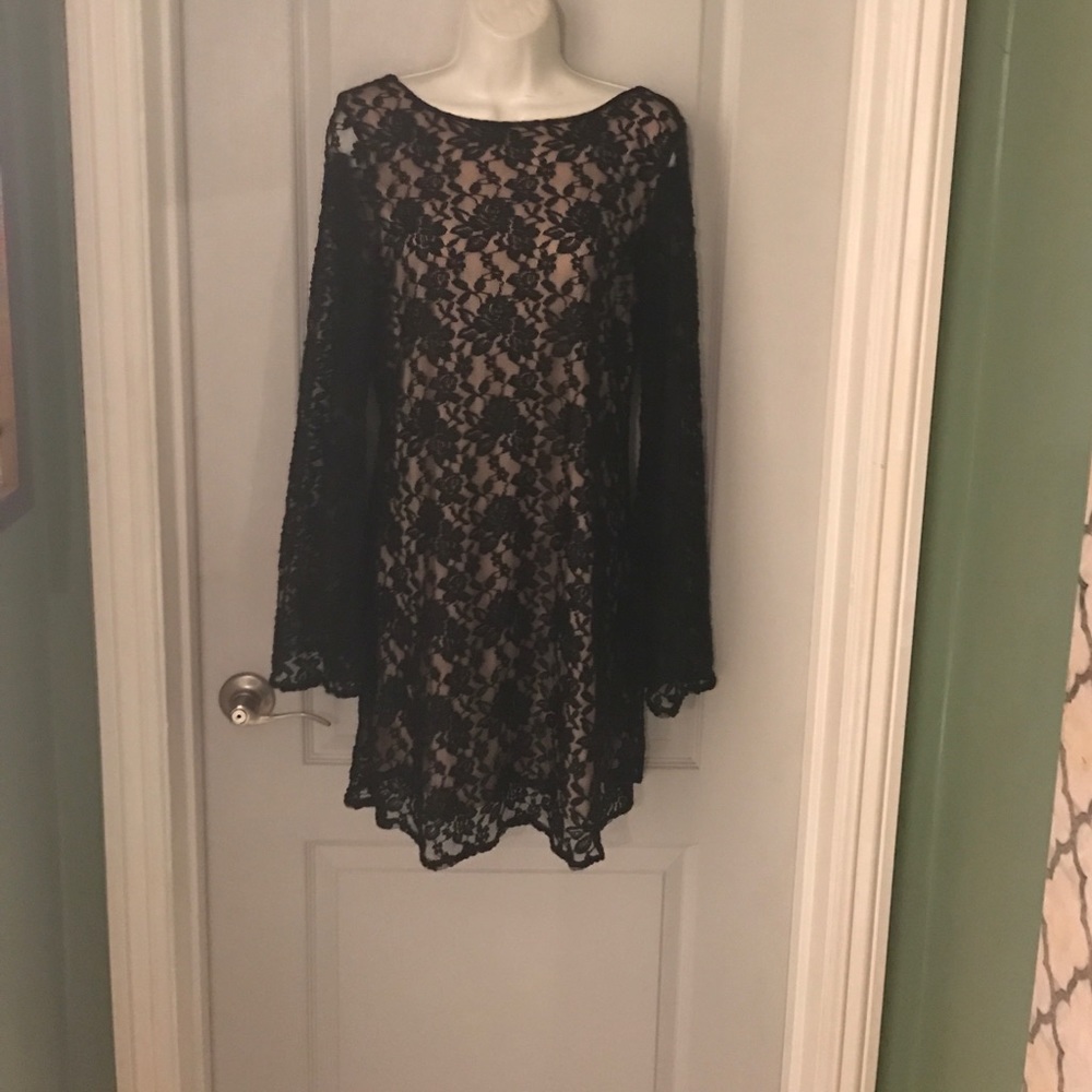 Black lace long bell sleeved mini dress