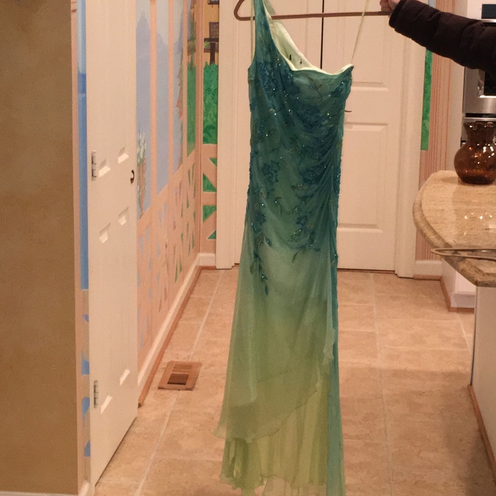 Blue, yellow and green ombré sequence dress