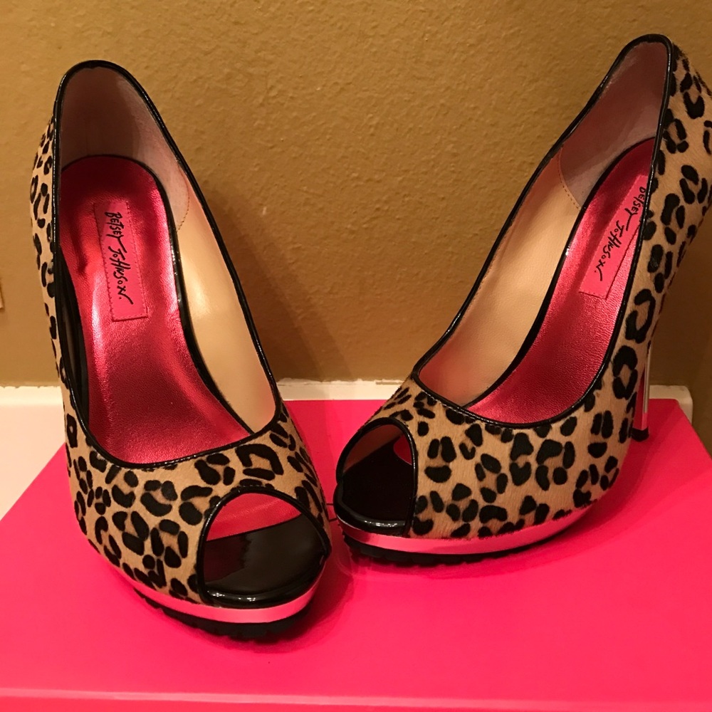 Betsey Johnson leopard peep toe heels.