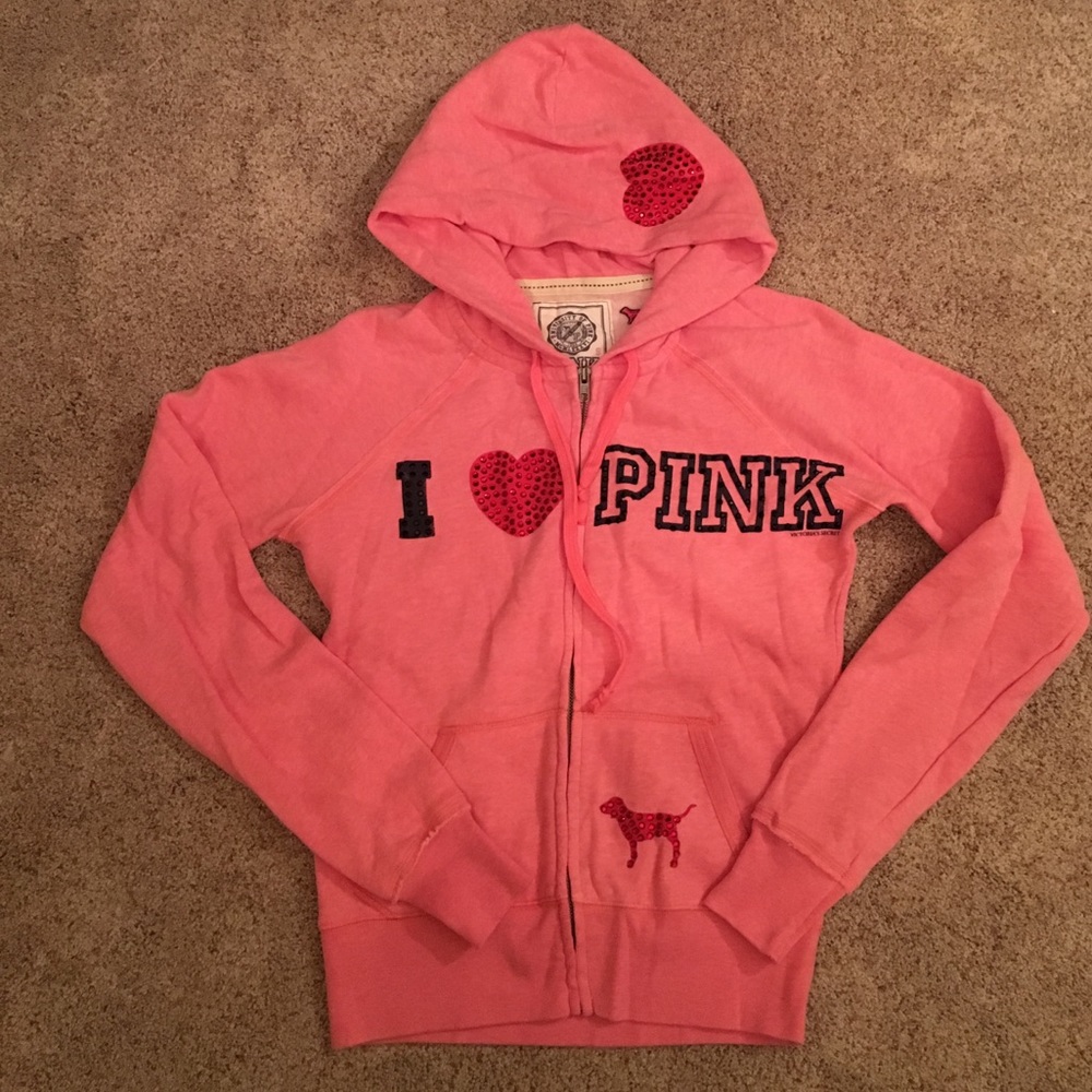BRAND NEW VS PINK coral rhinestoned hoodie in S