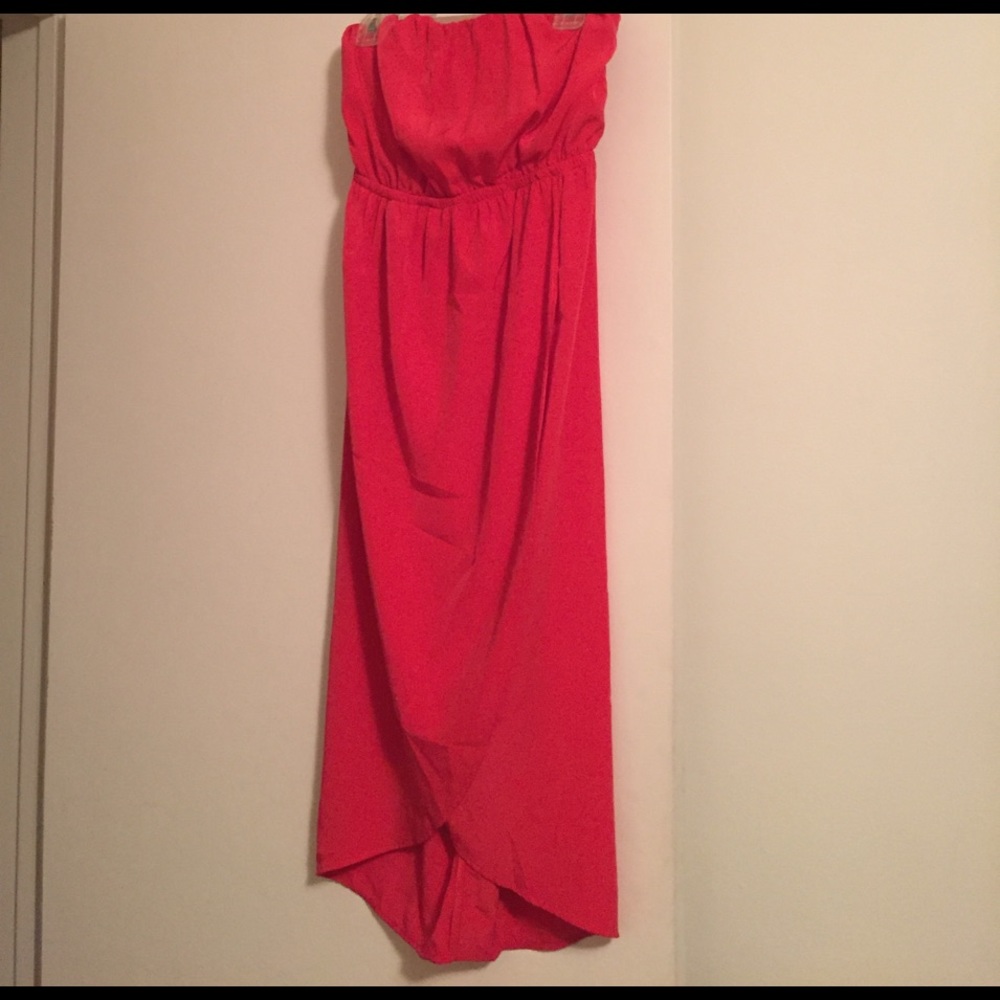 Red silky tube dress with slit