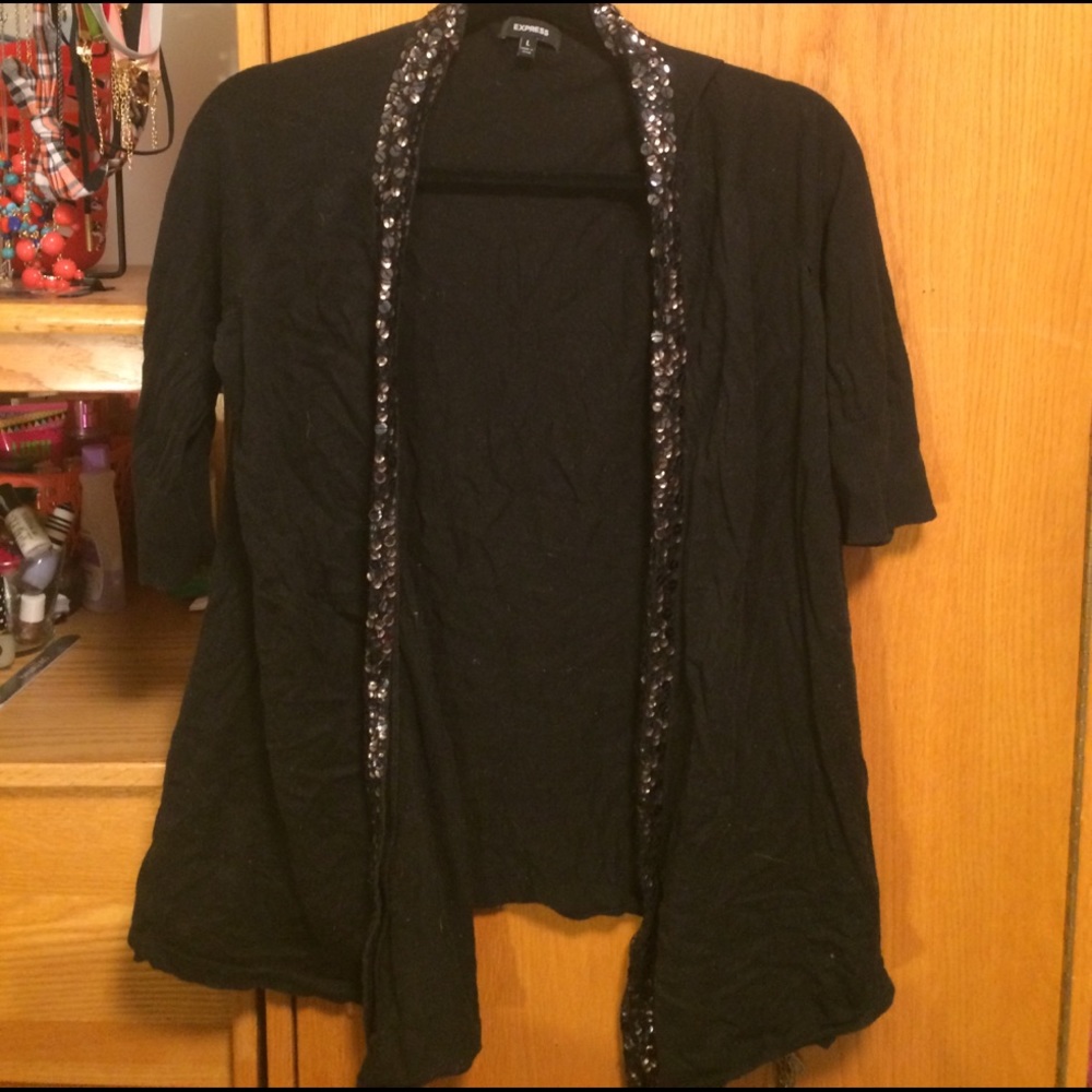 Cropped Sleeved Embellished Black Express Sweater