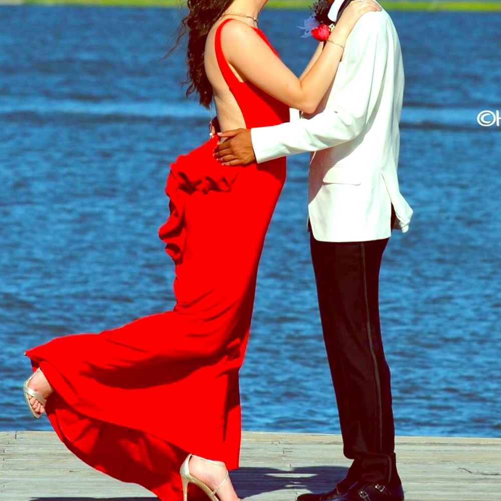 Davids bridal red prom dress