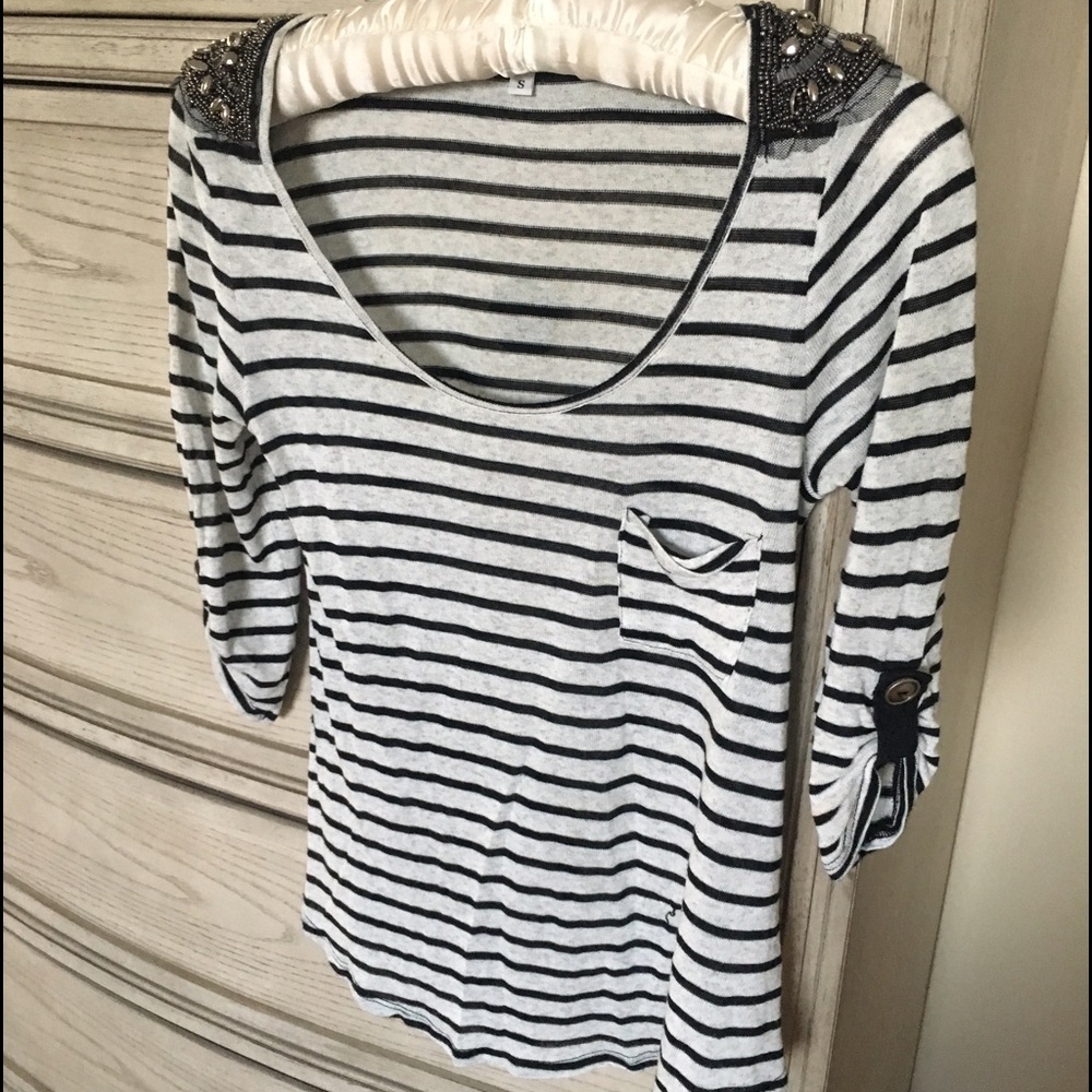3/4 sleeve stripe top with embellished shoulders
