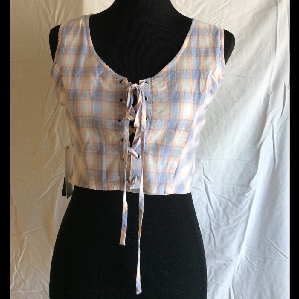 Cute Plaid Lace Up Bohemian Crop NWT