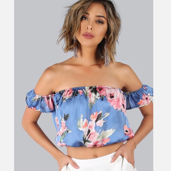 Floral Ruffle Off Shoulder  Crop Top - Picture 2 of 5