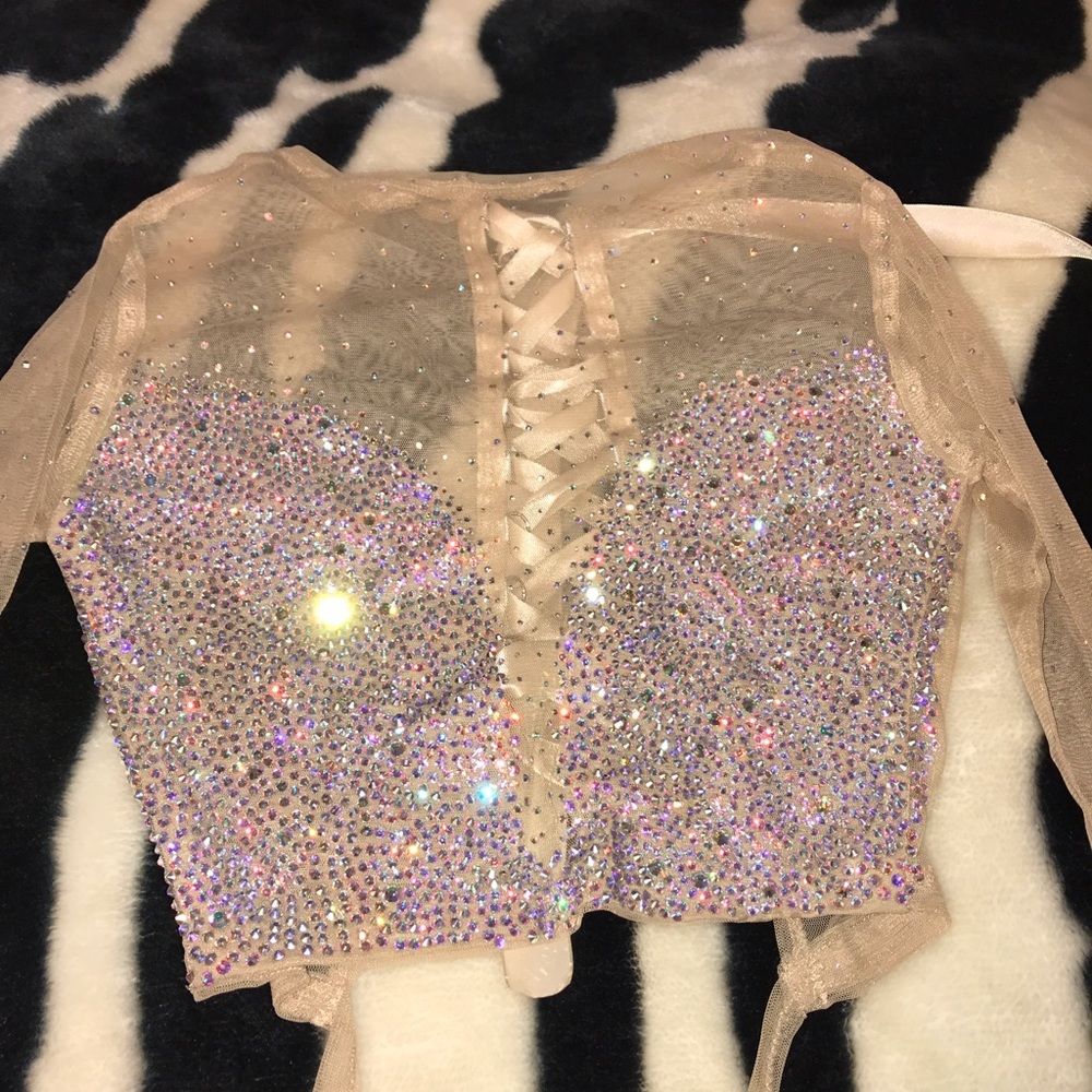 Handmade Sworvoski crystal nude crop sheer top