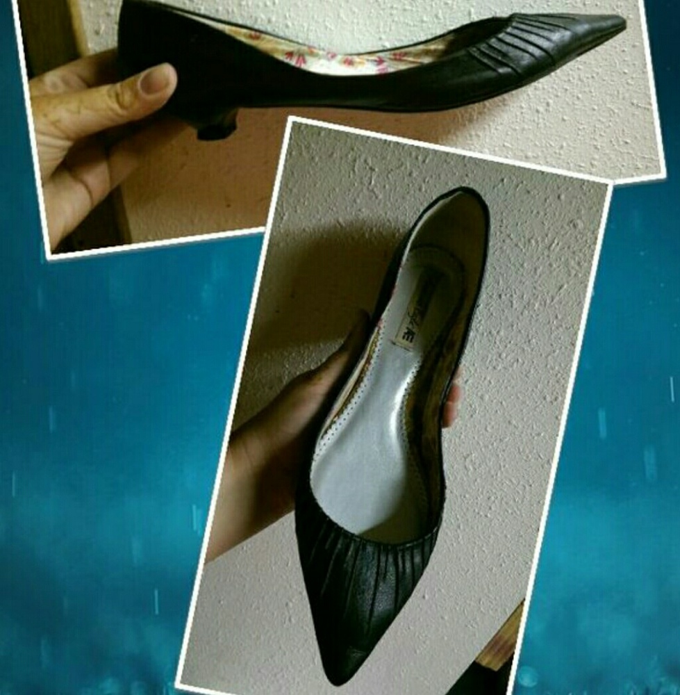 Size 12 black leather flats with mini heel