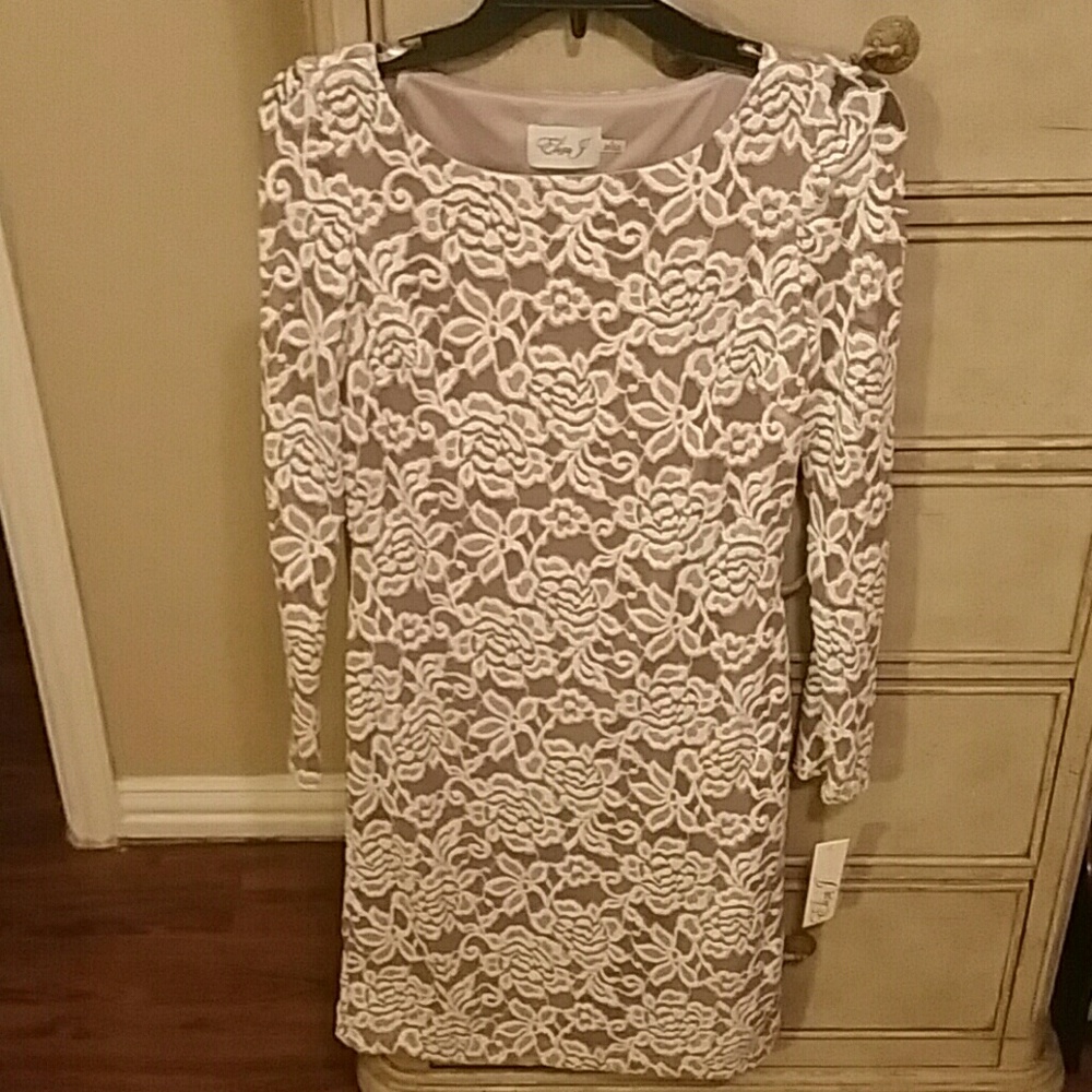 Lace long sleeve tan and white cocktail dress