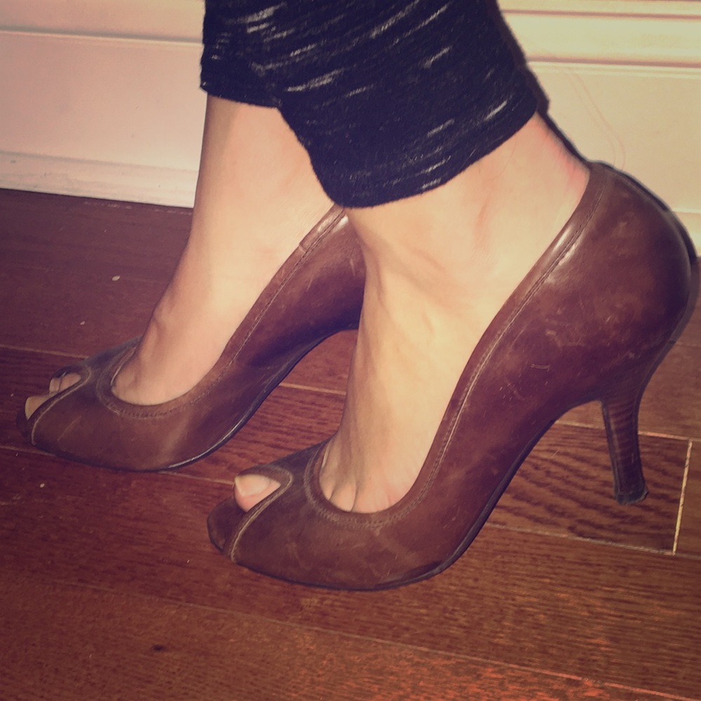Brown leather peep toes