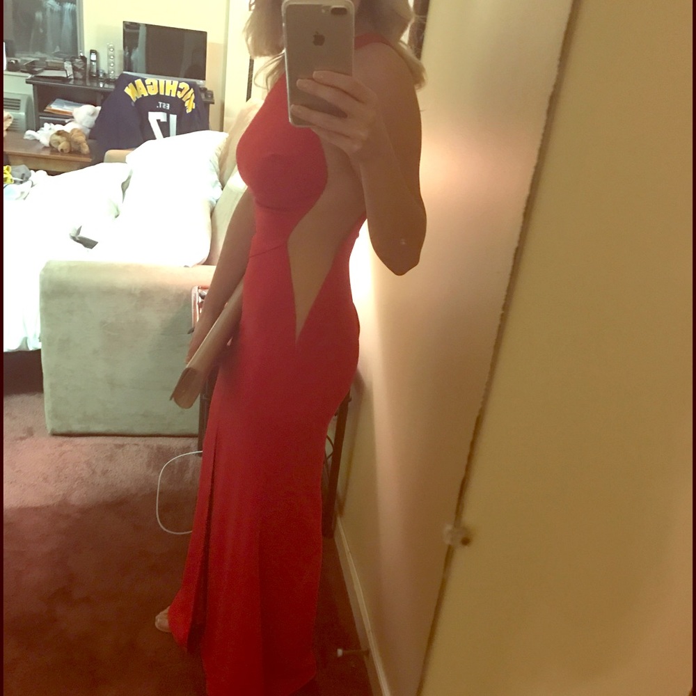 Nicole Bakti sheer cut out side gown - red