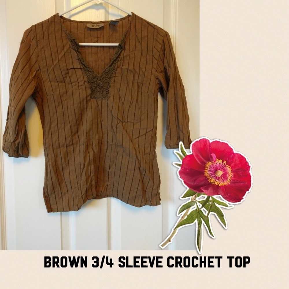 Brown 3/4 sleeve top with crochet neckline