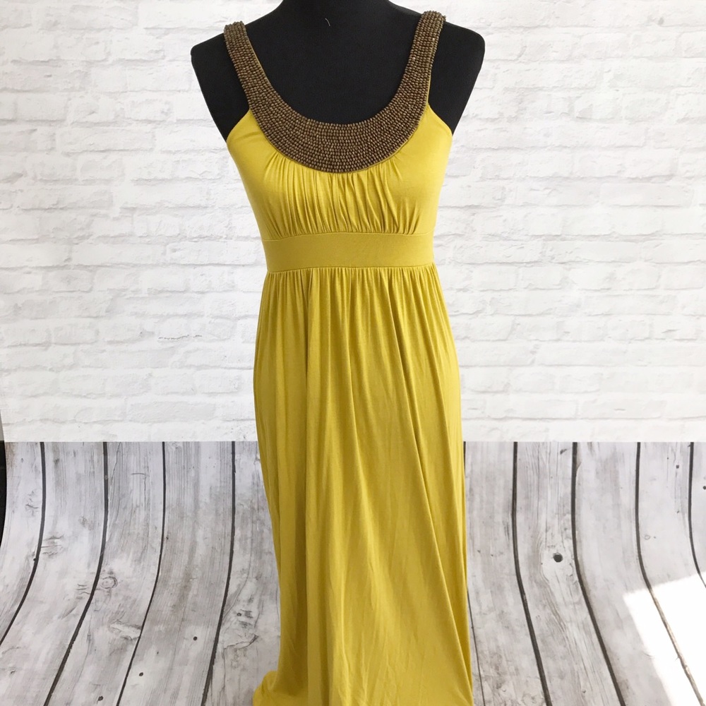 Chartreuse Maxi Dress w beaded collar