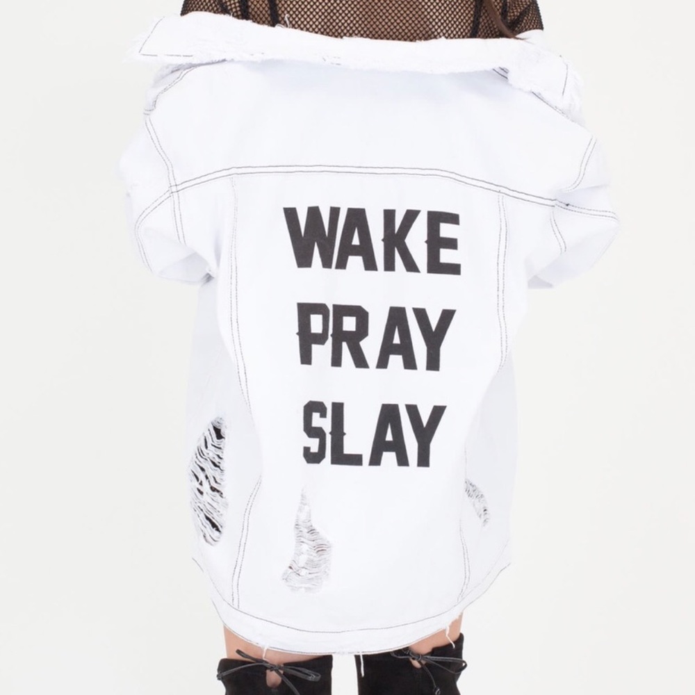 Wake Pray Slay White Oversized Denim Jacket