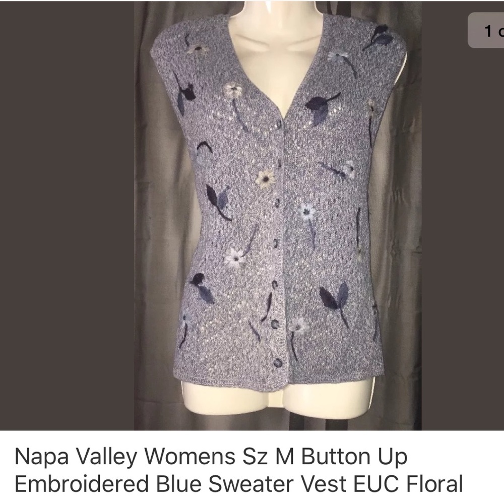 Napa valley sz M floral embroidered knit vest blue