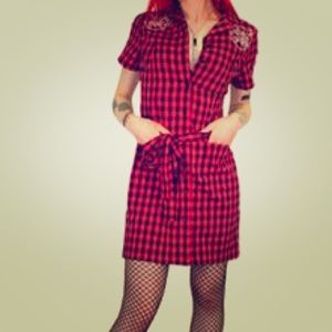 Sourpuss hot pink plaid "Lucky Girl" shirt dress