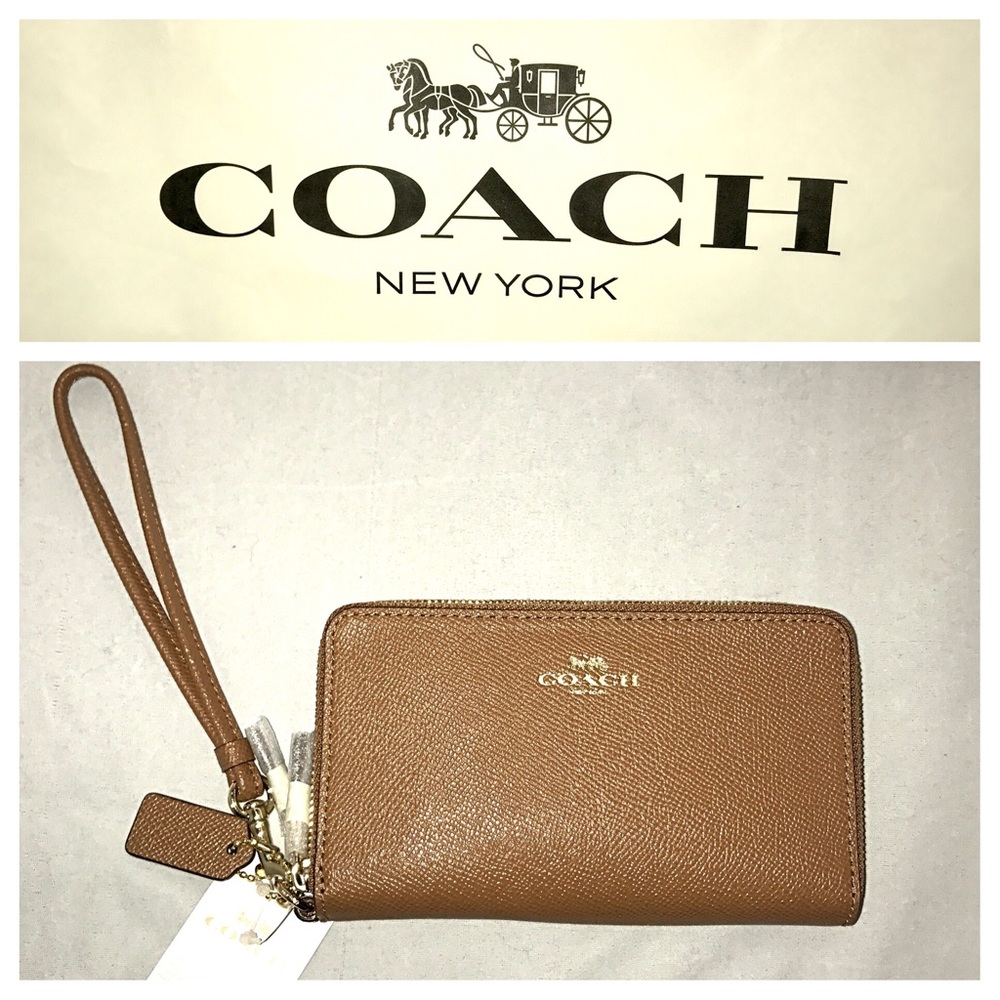 Authentic Coach Double Zip phone Wristlet/ Saddle