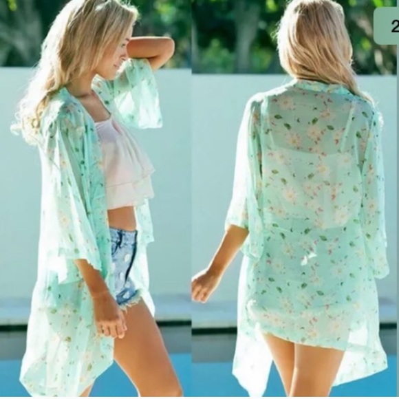 🦋 NWT GREEN FLORAL SHEER KIMONO - Picture 2 of 8