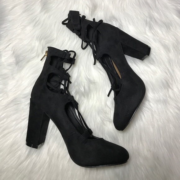 Black Mary Jane Chunky Heel Lace Up Pump - Picture 3 of 3