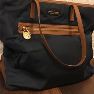 Michael Kors blue with brown leather trim tote bag