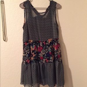 Pattern-block dress w/ waist strings + black slip