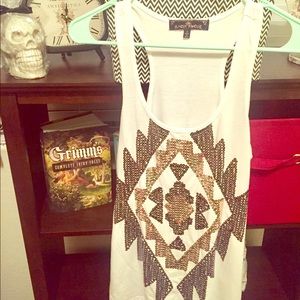 White tank with aztec inspired sequin print