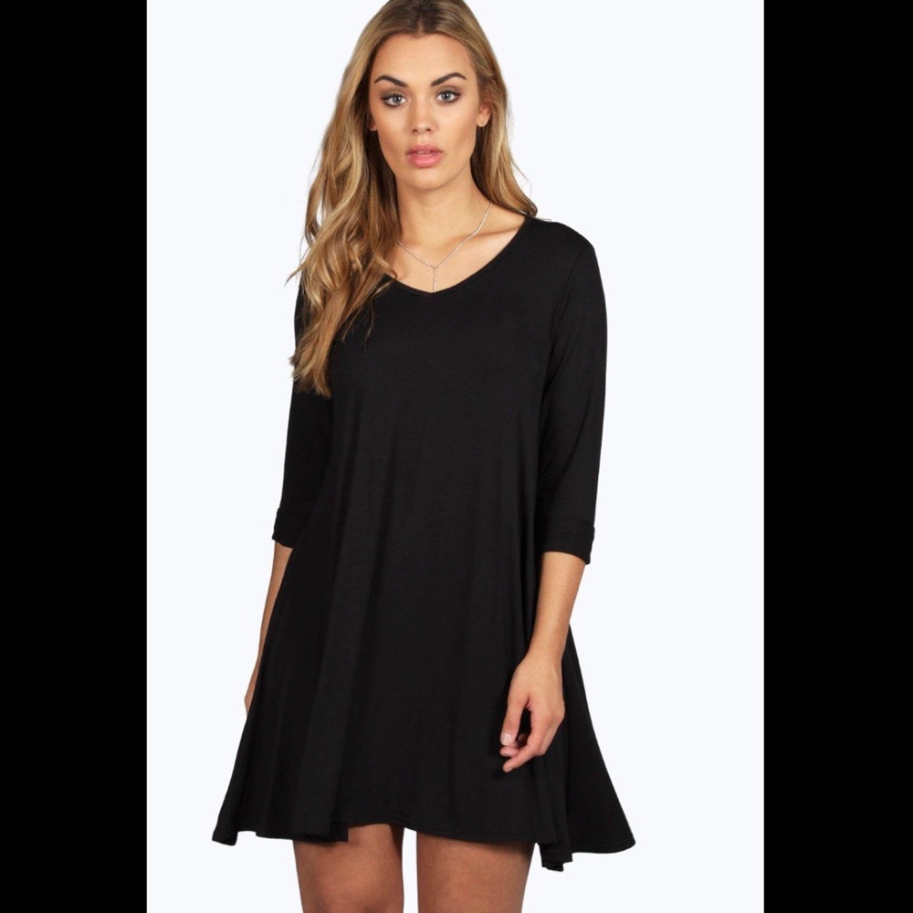 Boohoo Black V Neck Long Sleeve Swing Dress