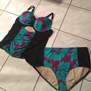 Eggplant Viridian floral print 2p bathing suit