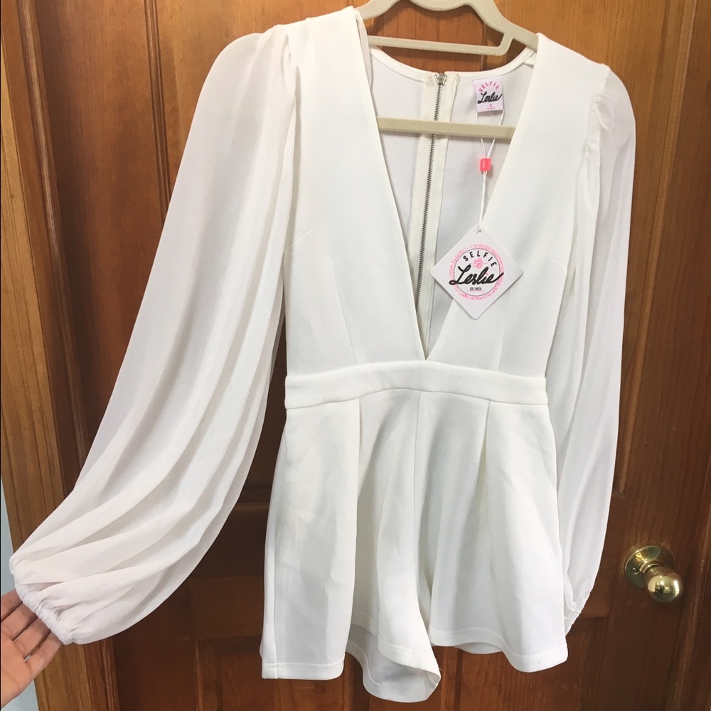 Deep V White long sleeve Romper