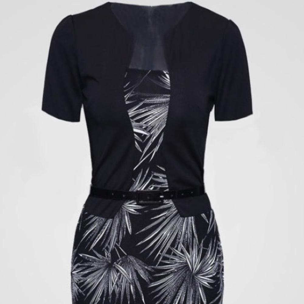 Patchwork/ Belt/ Leaf Printed Dress