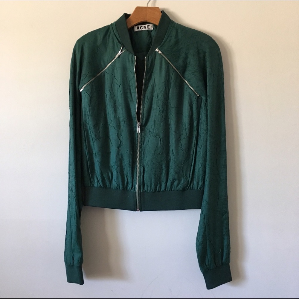 Acne Silk Bomber Jacket in Forest Green