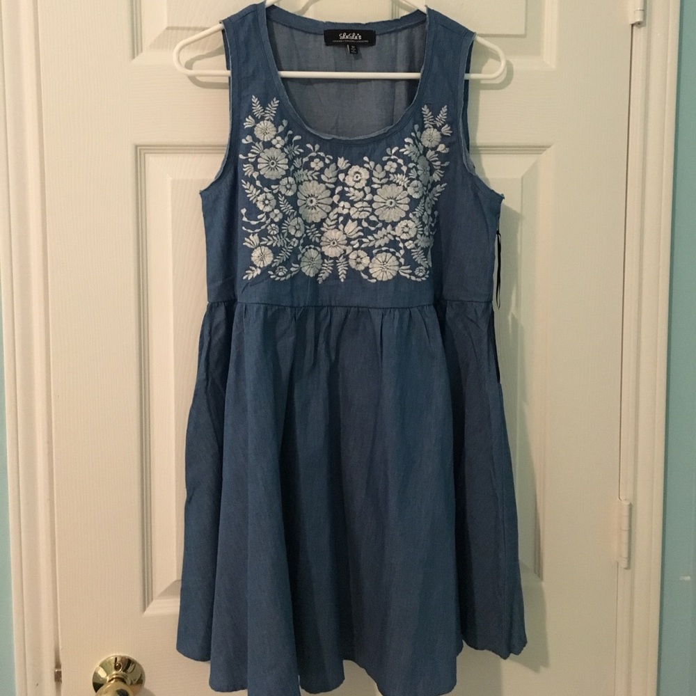 Lulu's Mary Jane Embroidered Blue Chambray dress