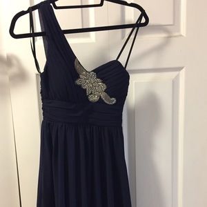 Embellished Navy blue one shoulder dress.
