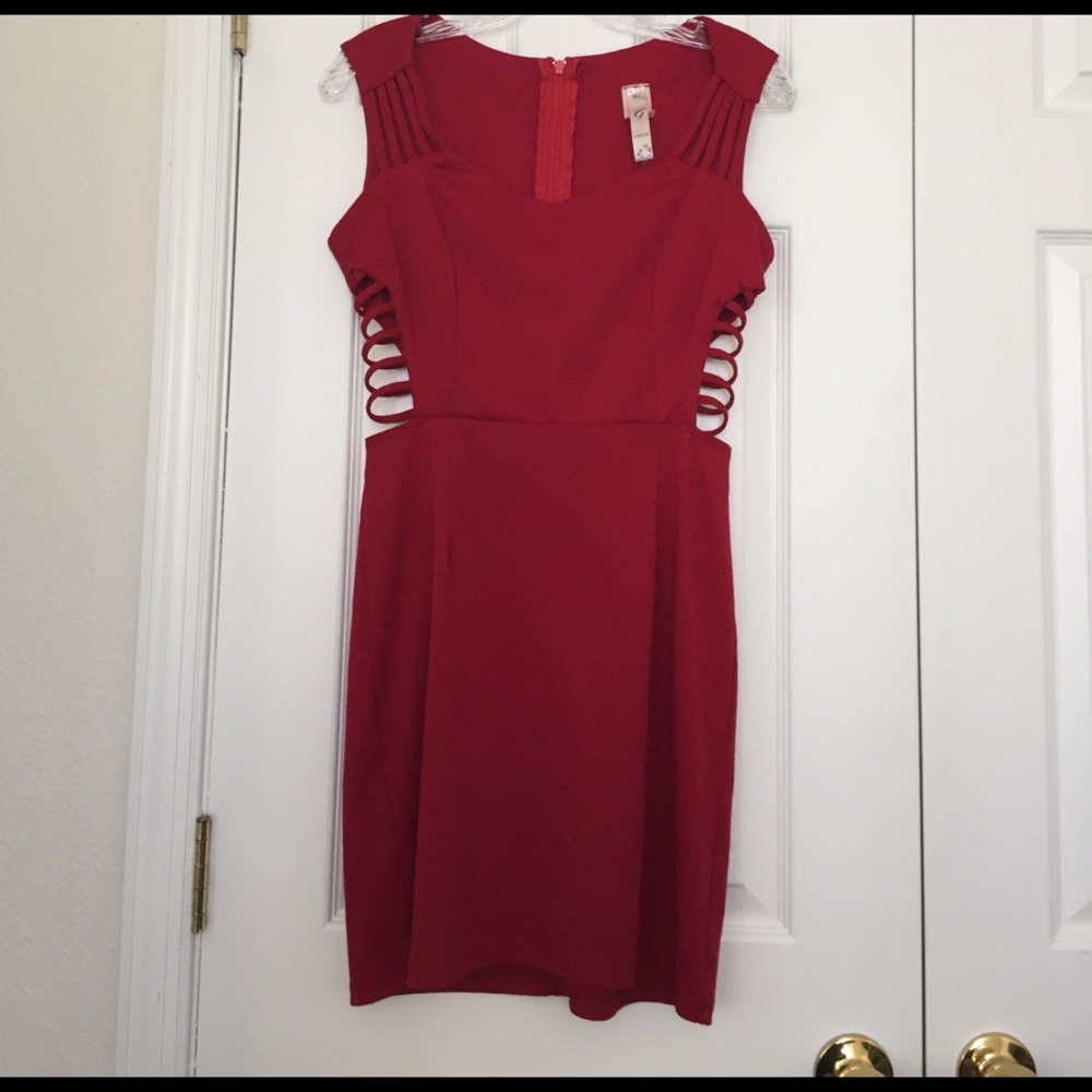 Red stretch mini dress with strappy cut-outs
