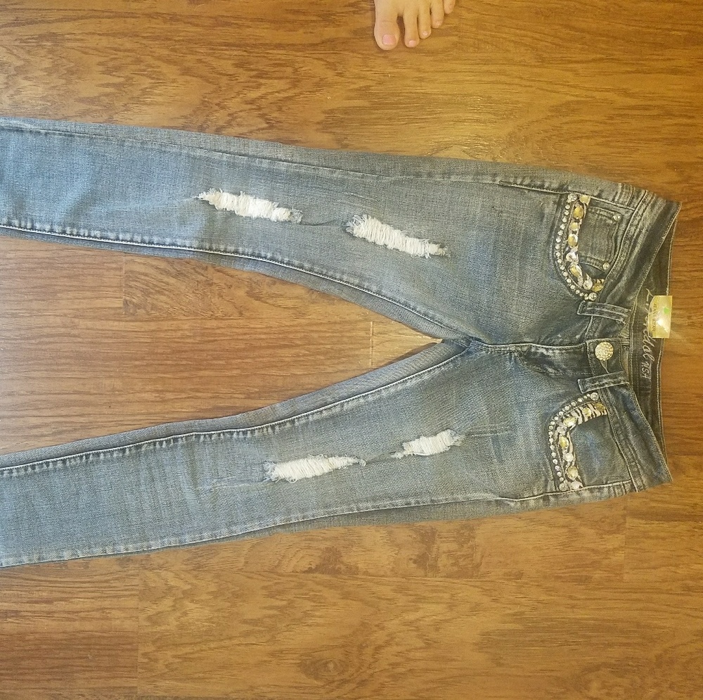 LA Idol Rhinestone Stud Leopard Shred Skinny Jeans