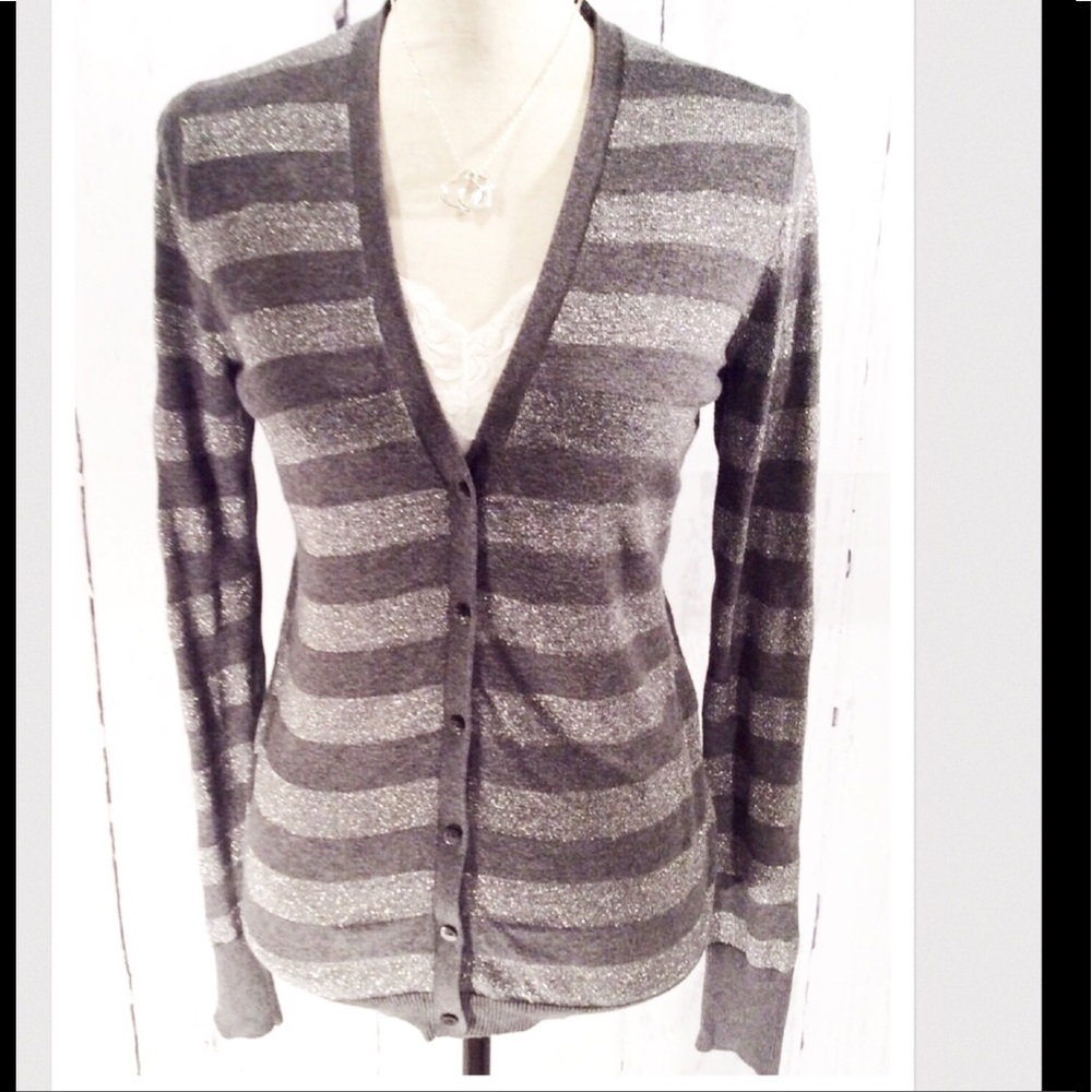 Old Navy Gray & Silver Sparkle Striped Cardigan