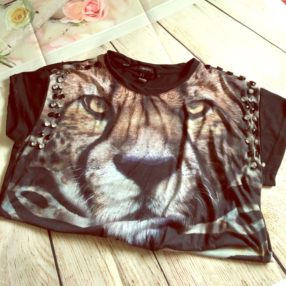 Forever 21 tiger top with gems on shoulders