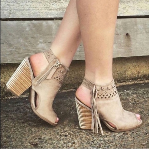 Suede Fringe Peep Toe Ankle Booties - Picture 2 of 4