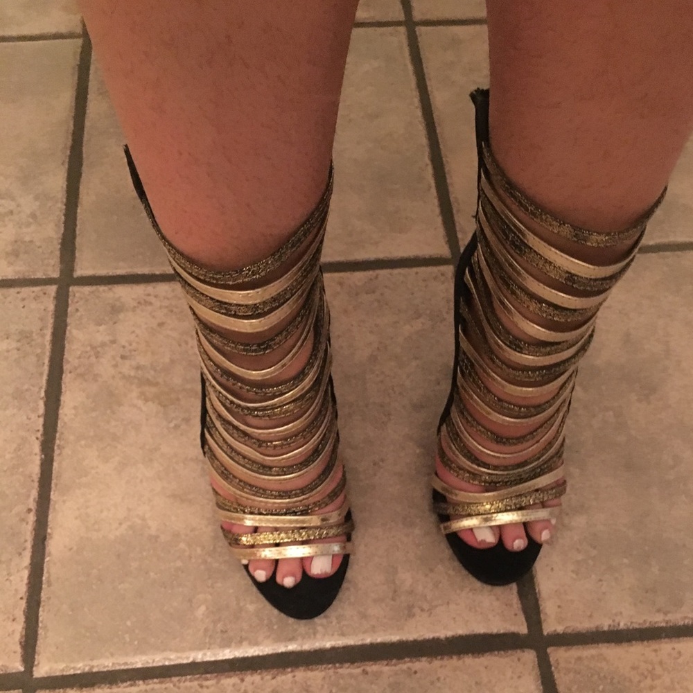 Black gold strap heels