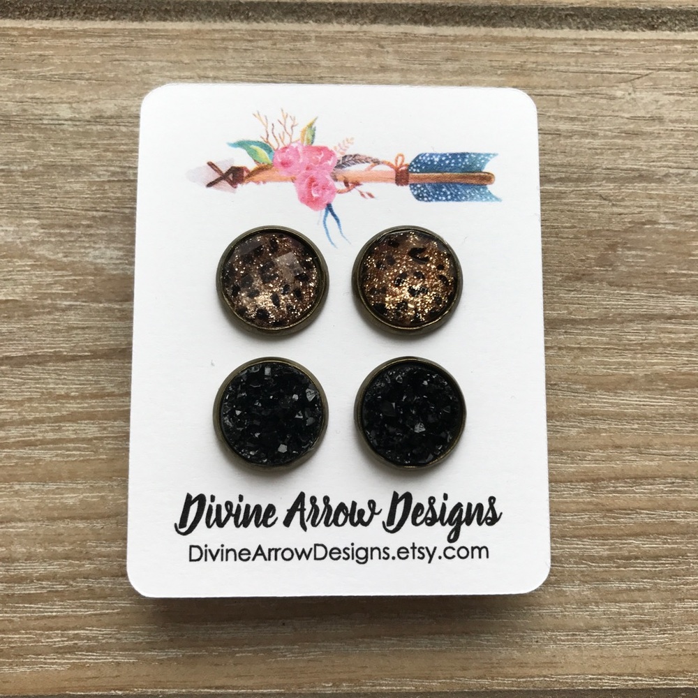 Leopard & Black Stud Earring Set- 12mm