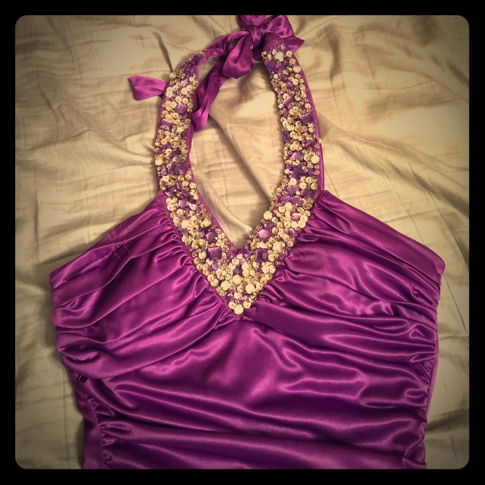 Purple halter High low Prom dress from deb