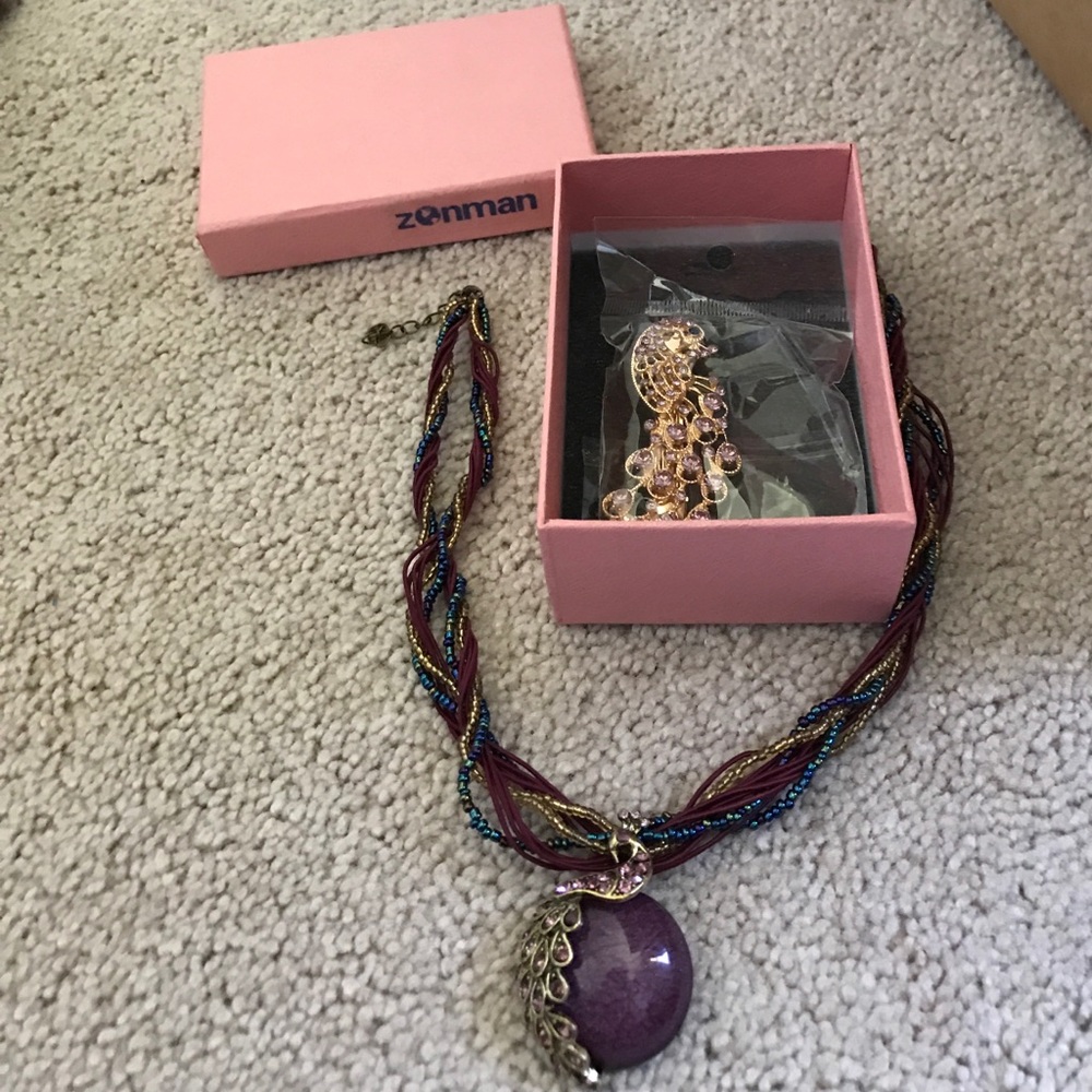 Peacock necklace and hair barrette set