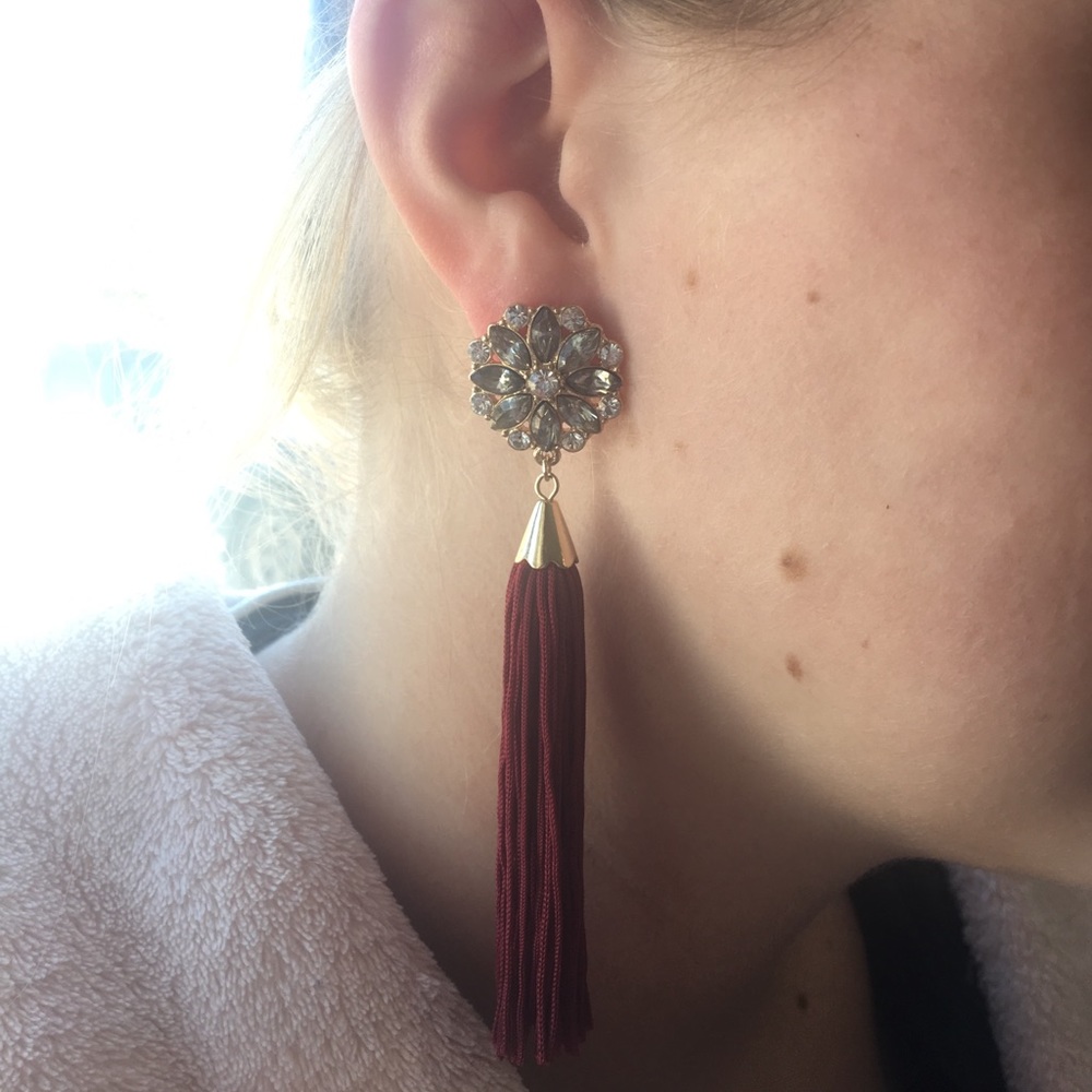 Maroon Tassel Embellished Earrings