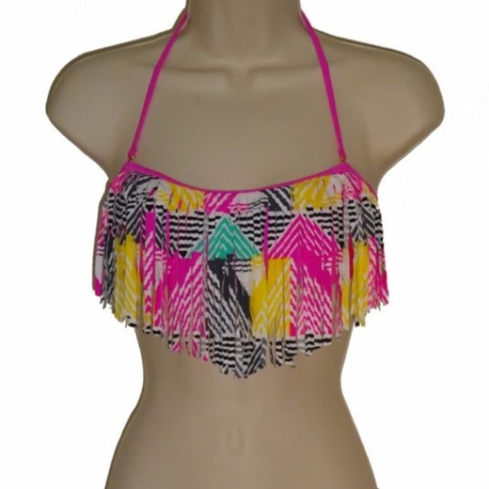 Pink Geo Fringe Bandeau Bikini Top