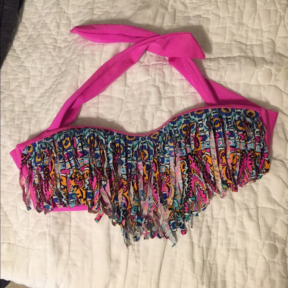 Pink Geo Fringe Bandeau Bikini Top