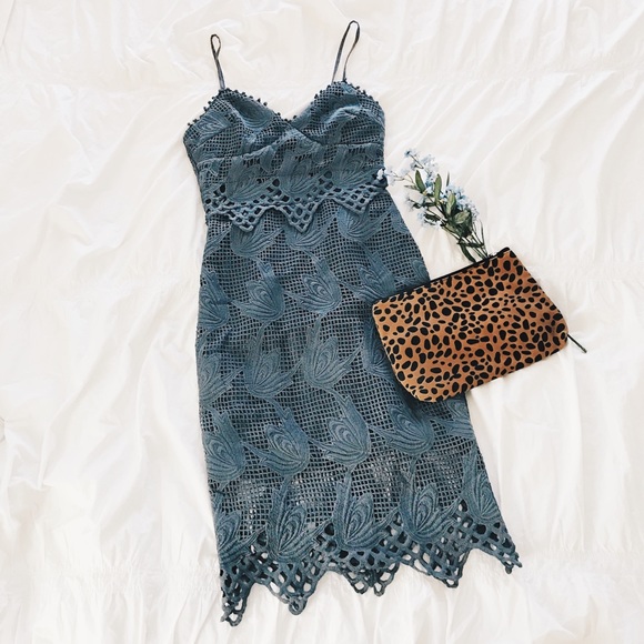 For Love and Lemons Dresses & Skirts - Gray Lace Appliqué Fitted Midi Dress