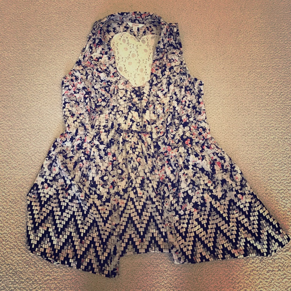 Block floral print button up tank blouse