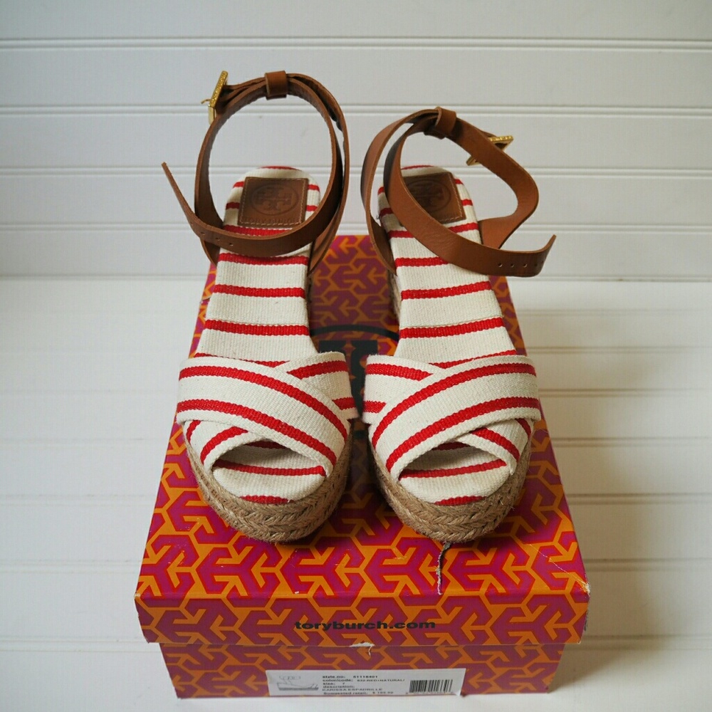 Tory Burch Red & White Karissa Espadrille Sandals